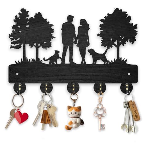 MAYJOYDIY Wood Key Holder for Wall 30x20cm, Family Tree Design with Cat Dog Pattern, 5 Alloy Hooks, Black, Wall Mount