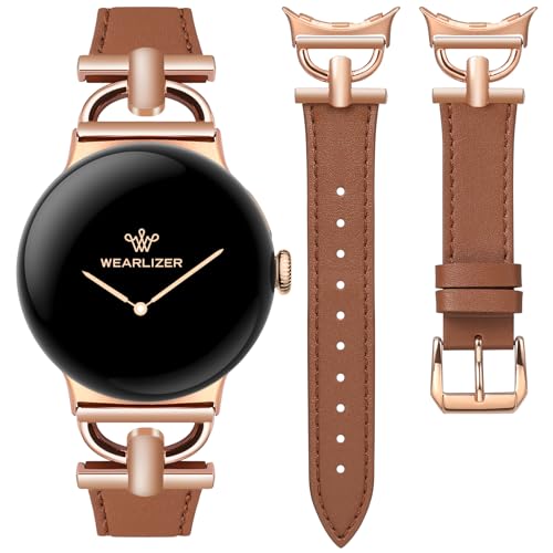 Image of Wearlizer Leather Bands Compatible with Google Pixel Watch 4 /3 41mm /Pixel Watch 2 /1 Band Women, Dressy Designer Slim Leather Strap with D-Shape Metal Buckle for Pixel Smartwatch Accessories