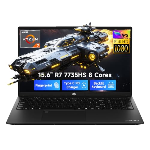 Image of NIMO 15.6 inch IPS FHD Gaming-Laptop, AMD 8 Core Ryzen 7 7735HS 16GB DDR5 RAM 512GB SSD (Beats i7-12650H, Up to 4.75GHz) Computer with Radeon 680M 100W Type-C Backlit Keyboard Fingerprint