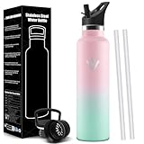 Mulbijeo Thermosflasche 1L BPA-Frei, Trinkflasche Edelstahl, Auslaufsichere Isolierflasche Doppelwandig, Isolierflasche, Thermoflasche, Thermobecher mit Strohhalm, Trinkflasche Kohlensäure Geeignet