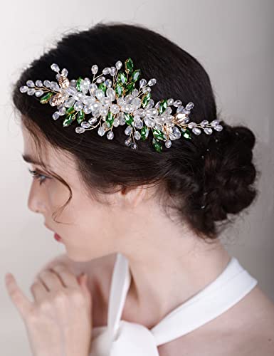 Chargances Wedding Crystal Hair Comb Bridal Leaf Pearl Hair Vine Side Comb Rhinestone Beaded Hair Accessories Headpiece For Wedding Prom Festival Bridesmaid For Women And Girls (Green) #TOP2