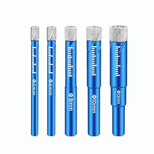 Meichoon Trockenbohrkronen-Set 5-teilig Galvanisiert für Porzellanfliesen, Marmor, Granit, Glas mit Kühlmittel-Wachs für Trockenschnitt Rundschaft