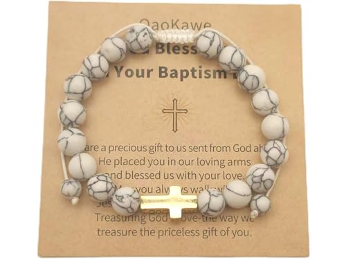 Image of Girl 18K Gold Plated Cross Bracelet - 1st Communion, Baptism, Girl Confirmation Gift, Girl Turquoise Jewelry. (White turquoise), 10 inches