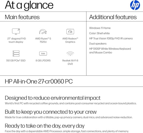 Image of HP 27 Inch All in One Touchscreen Desktop Computer | AMD Ryzen 5 7520U Processor (8 Cores, Up to 4.3 GHz) | 8GB DDR5, 256GB SSD | FHD IPS Display | WiFi 6 | Windows 11 | Wireless Keyboard and Mouse