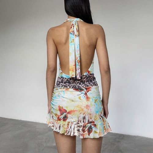 Image of Women's Sexy Skirt Deep V-Neck Belt Halter Neck Backless Irregular Printed Skirt Mesh See Through Dress
