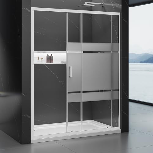 YTSAHSTT Frosted Shower Door, 56-60" W x 74" H Single Sliding Glass Door, SGCC Tempered Glass, 1/4 inch Mid-Band Frosted Glass, Narrow Framed Shower Door, for Walk-in Bathroom - Bright Chrome