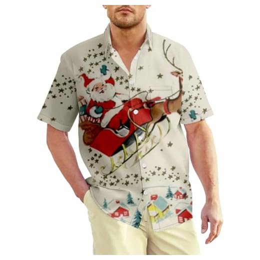 Camisa Navidad Hombre Funky de Manga Corta Estampado de Papá Noel Camisa Hawaiana Señores Button Down,XL Beige-Santa