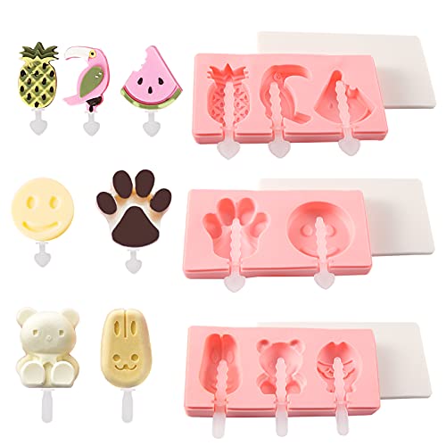 Eis am Stiel Formen 3 Stück Cartoon Eiscreme Formen Lutscherform mit 3 Silikondeckeln und 8 Plastikstäbchen für selbstgemachte handgemachte DIY Cover