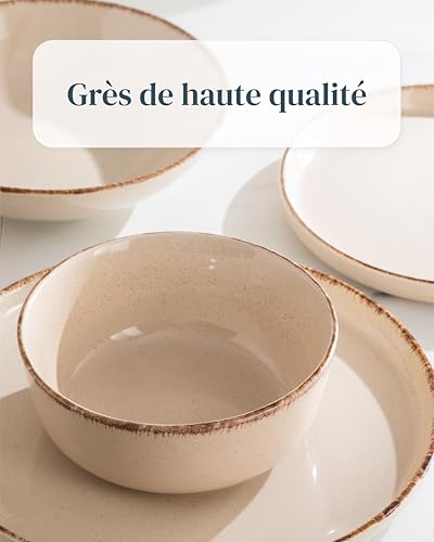 Image of Stoneware dinnerware set 6 persons Rustic 24 pcs - High quality Mediterranean stoneware dinnerware set - bowl and plate set - dinner service 6 persons - Pure Living dinnerware sets in beige