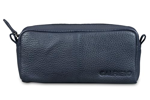 Image of Calfnero Genuine Leather Toiletry Bag for Men & Women | Premium Leather Travel-Pouch | Toiletry Organizer | Cosmetic & Shaving Kit Bag | Unisex Travel Dopp Kit (Navy)