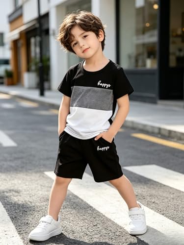 Image of Yoxindax Toddler Kid Boy Clothes Colorblock Letter Graphic Tee Shorts 2PC Summer Outfit Set