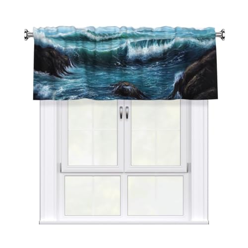 MKNAZ Rideaux de fenêtre courts avec cantonnière imprimée paysage de mer bleue - 137 x 46 cm -...