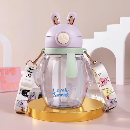 Image of Baybee Lovely Bunnies Kids Water Bottle 600ml | BPA Free & Leakproof Safe Sipper Bottle with Straw | Cute Rabbit Design Smooth Sipping with Handle & Neck Strap,Flip Lid for School Kids & Babys(Purple)