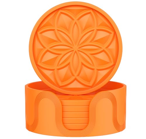 HFHOME Silicone Coasters Set with Holder - 6 Pack Drink Coasters for Coffee Table, Bar Tabletop Protection - Orange