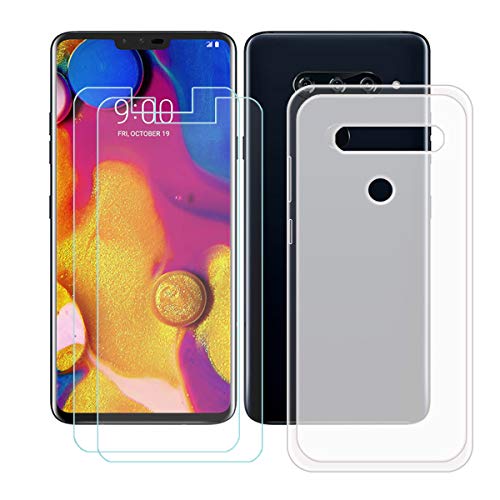 DQG Funda para LG V40 ThinQ + 2 Piezas Vidrio Protector de Pantalla Cristal Templado Film, Translúcido Suave TPU Silicona Cover Carcasa Caso Case para LG V40 ThinQ (6.4')