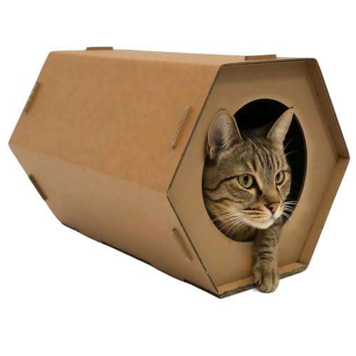 Cardboard Cat House – Foldable Cardboard Box House Hexagon, Cat Condo for Indoor Cats & Kittens, Cozy Brown Cat Box Hideout & Houses (15.75