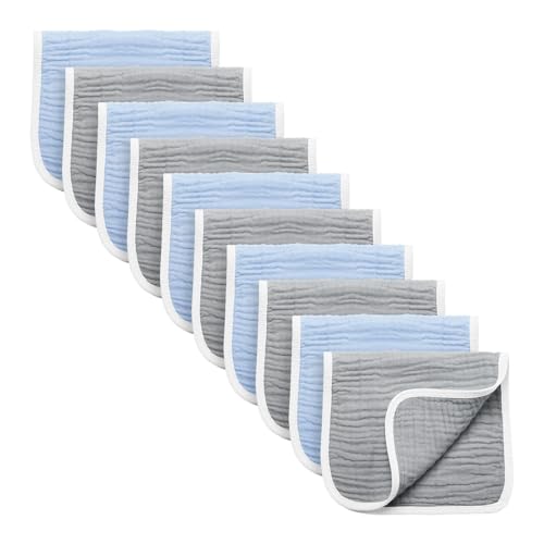 Image of Synrroe Burp Cloths Large, Muslin Burp Cloths for Baby Girls and Boys, Pack of 10 Extra Absorbent and Soft Muslin Bibs, 6 Layers 20 by 10 Inches 100% Cotton (Blue-Grey 10 Pack)