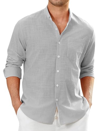 Enlision Camisa Lino Hombre Gris Claro Manga Larga Verano Camisas para Hombres Cuello Mao de Algodon Casual Henley Shirts Elegantes Playa Boda XL