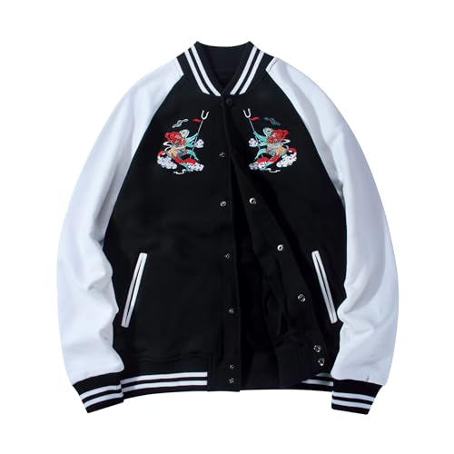 Niepce Inc Japanese Streetwear Embroidered Baseball Varsity Jacket for Men (US, Alpha, Large, Regular, Regular, Black1)