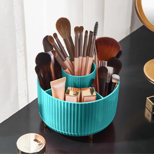 Image of Diesisa 360 Rotating Makeup Brush Organizer With 5 Sections, Spining Countertop Swivel Makeup Brush Holder for Cosmetics, Nail Polish, Art Supply, Bathroom Vanity Desktop Organizer - Blue