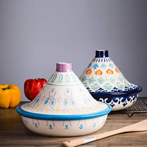 Myyingbin Colorful Hand Painted Moroccan Tagine Pot With Lid Lead Free Ceramics Stew Casserole Slow Cooker, Blue #TOP1