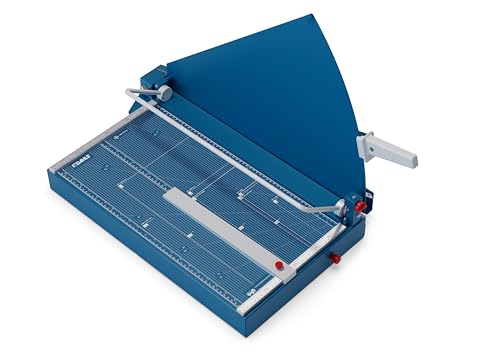 Dahle 587 Hebel-Schneidemaschine mit manueller Bügelpressung und Werkstoffmesser (550 mm bis DIN A3, Schnitthöhe 3,5 mm, Metalltisch) Blau