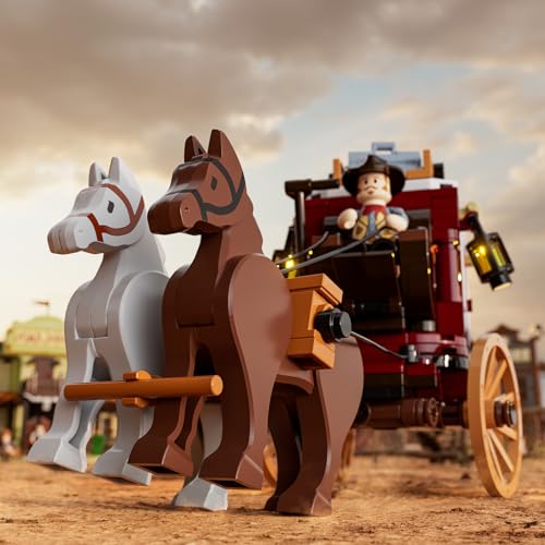 FUNWHOLE Western Stagecoach Lighting Building Set - 293 Pieces Western Stagecoach and Horse Collection Display Set, Perfect for Western Enthusiasts