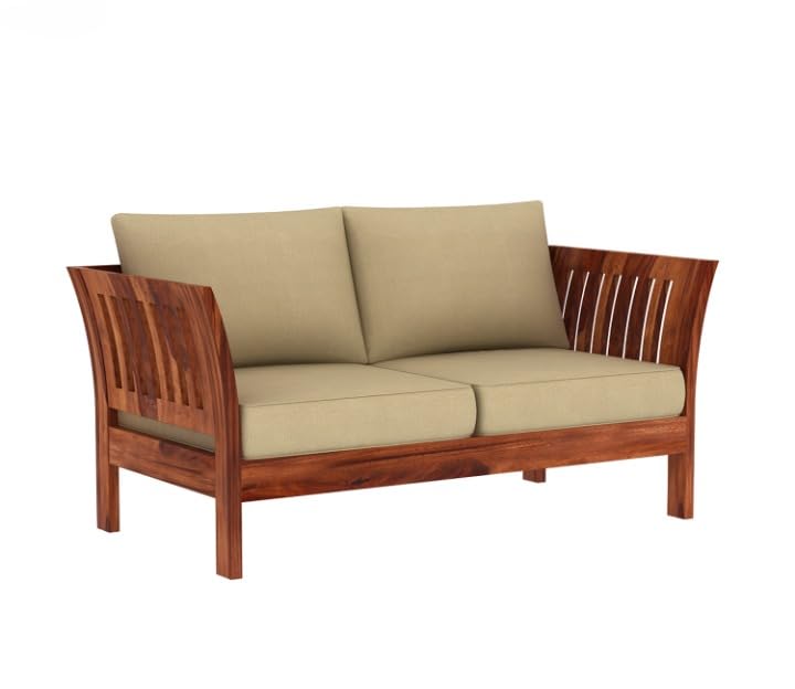 Image of Solid Sheesham Wood Two Seater Sofa Set with Cushion | Wooden 2 Seater Sofa for Home Bedroom Living Room Hall and Office (Honey Finish)
