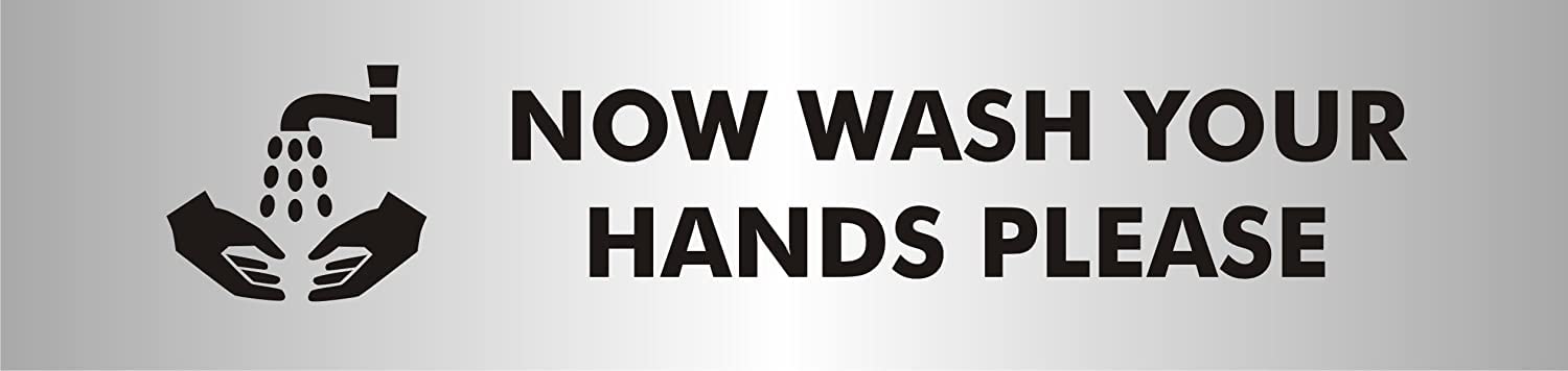 Seco Now Wash Your Hands Please With Pictogram Sign, 190mm x 45mm - 2mm Brushed Aluminium Effect Acrylic