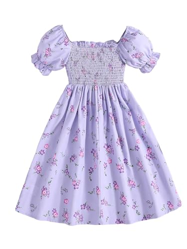 Verdusa Girls Floral Print Puff Sleeve Square Neck Mini A Line Dress Lilac Purple 9Y
