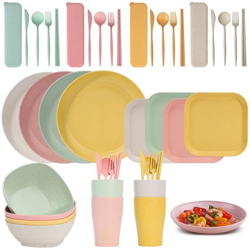 36 Pcs Unbreakable Campingpicnic Dinner Sets Dinnerware Set For 4 Melamine Dinnerware Sets Plates Bowls Cups Cutlery Sets Lightweight Colorful Dinnerware