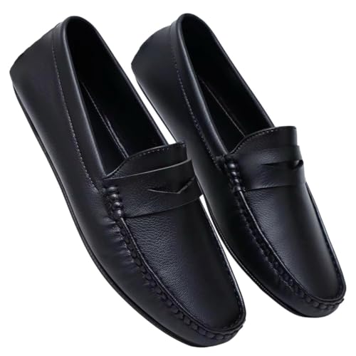 Men's Leather Classic Casual Slip On Lightweight Leather Shoes - Medical Leather Shoes - Elegant and Comfortable Formal Shoes - Black Shoes, 42 EU