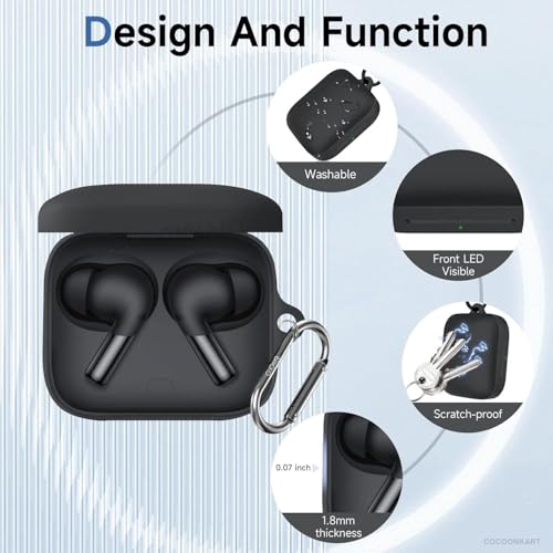 Image of Soft Silicone Case Cover for OnePlus Buds 3 with Cleaner Kit, Lanyard & 4 Pcs Cable Protectors (Black)