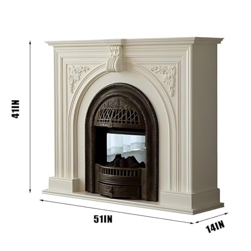 Solid wood construction with carved mantel and arched door