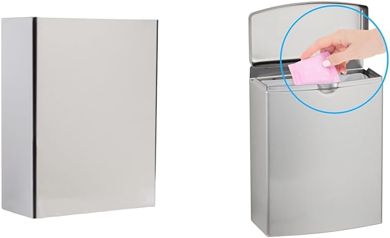 Stainless Steel Surface-Mounted Waste Receptacle, 6.4 Gallon Capacity and Sanitary Napkin Disposal Wall Mounted Stainless Steel Flip Top Receptacle, 1 Gallon Waste Capacity