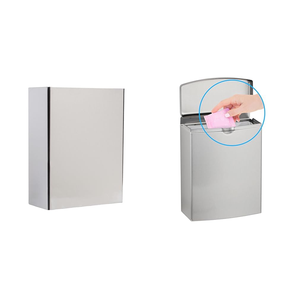 Bobrick Stainless Steel Surface-Mounted Waste Receptacle, 6.4 Gallon Capacity and Sanitary Napkin Disposal Wall Mounted Stainless Steel Flip Top Receptacle, 1 Gallon Waste Capacity
