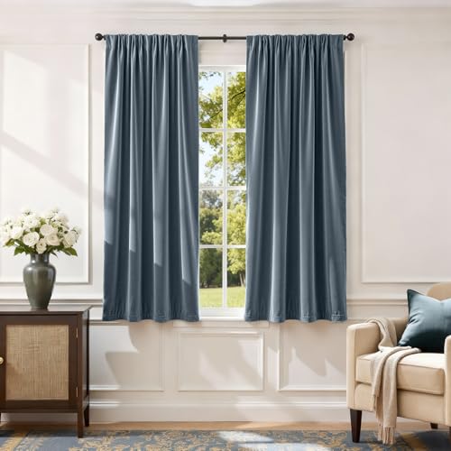 Image of Blackout Dark Slate Velvet Curtains Rod Pocket 52x63 Inch 2 Panels | Soft Velvet, For Small Windows, Kitchens & Bathrooms, Light Shifting Texture, Elegant Drape, Serene, Fresh