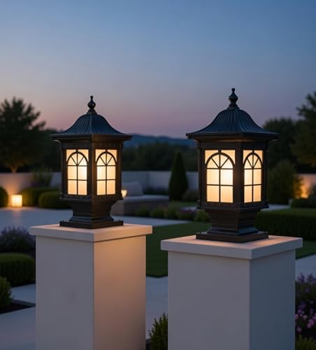 Image of Weldecor Outdoor Gate Pillar Lamp for Home Entrance Waterproof LED Garden Light (E27 Holder LED Bulb Comptaible) Antique Decorative Main Gate Post Lantern for Villa (Style7) (Style3)
