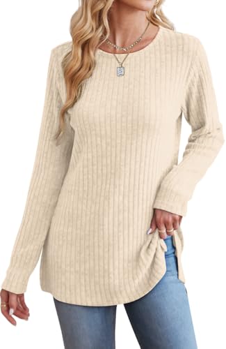 Image of Jescakoo Long Sleeve Shirts for Women Crew Neck Fall Tops Side Split Lightweight Tunic Sweaters Fashion Clothes 2025 S-4XL