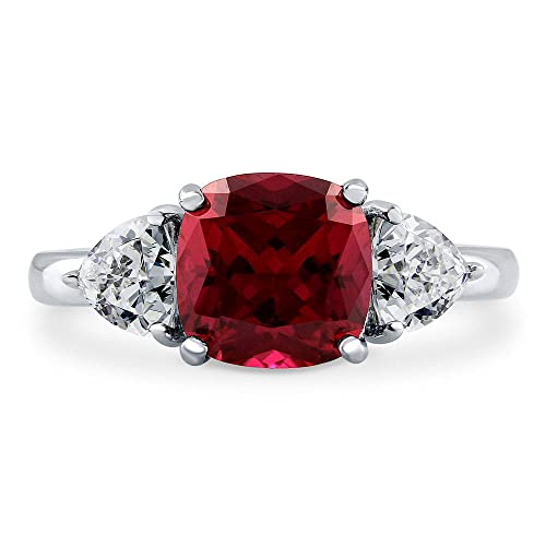 BERRICLE Sterling Silver 3-Stone Wedding Engagement Rings 3 Carat Simulated Ruby Cushion Cut Cubic Zirconia CZ Anniversary Ring for Women, Rhodium Plated2