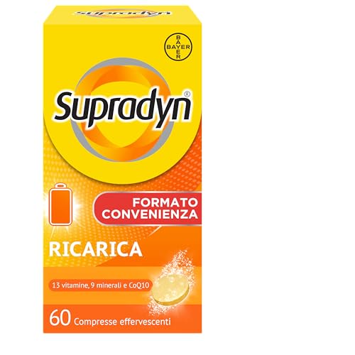 Supradyn Ricarica Multivitaminico Completo Vitamine e Minerali per Adulti, Integratore Vitamine A, B, C, D3, E, K, Magnesio, Calcio, Zinco, Selenio e Q10, Gusto Arancia 60 Compresse Effervescenti