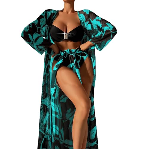 2024 Sexy 3 Piezas Bikini Set Cover Up Traje de Baño Bikini de Cintura Alta para Mujeres Manga Larga Push Up Playa Traje de Baño, verde, XL