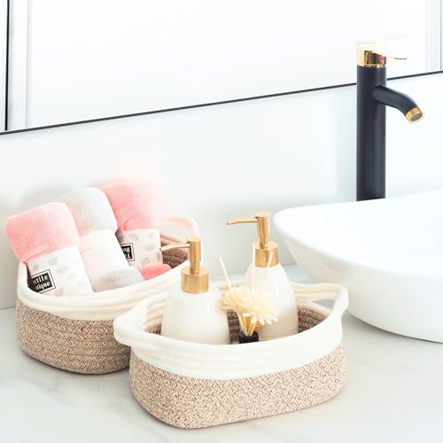 Image of MINTWOOD Design 5-Piece Small Decorative Woven Storage Baskets Set for Shelves, Bathroom, Pantry and Nightstand Organizer, Catch All Tray for Organizing Gifts, Dog and Cat Toys, Light Brown