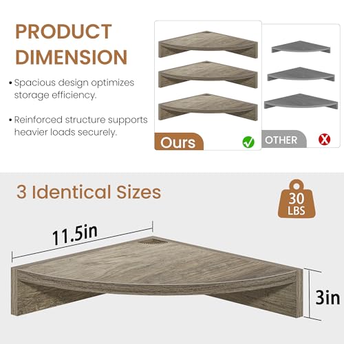 Image of Fun Memories Corner Shelf Wall Mount, Wood Floating Corner Shelves,Corner Wall Shelf for Bedroom, Bathroom, Kitchen, Living Room (Grey, 3 Pack)