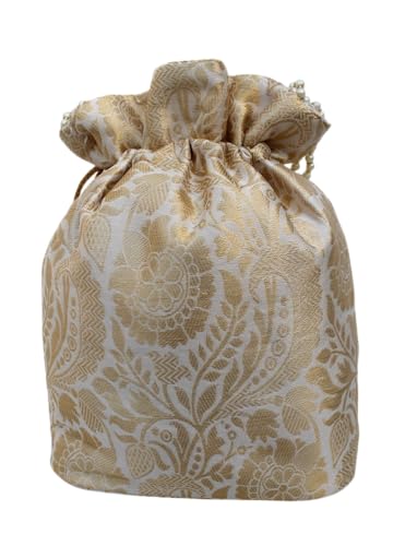 Image of MILAN'S CREATION Banarasi Silk Brocade Potli Bag Purse With Base Drawstring Women's handbag with Pearl Handle & Tassel Weddings