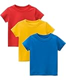 GFQLONG Toddler Boys Girls 3 Pack Cotton T-Shirts, Baby Summer Short Sleeve Solid Crewneck Tees,Red+Yellow+Blue 2-3 Years