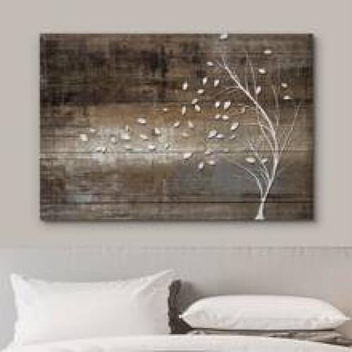 Toile silhouette d'arbre blanc 70x90cm avec cadre interne effet bois vintage - 2