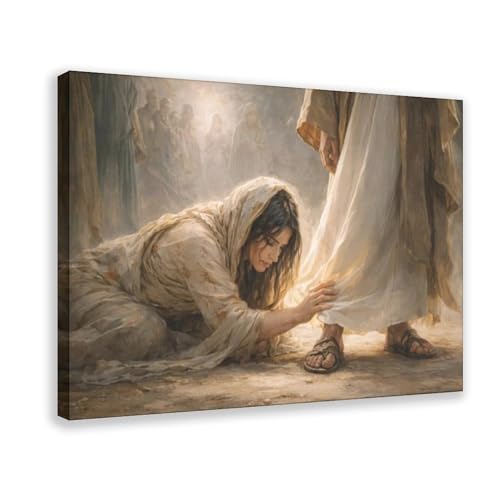 Woman Touching the Hem of Jesus' Garment Wall Art, Biblical Faith Poster, Christian Home Decor, Spiritual Healing Religious Canvas Print, Inspirational Scripture Wall Decor for Living Room
