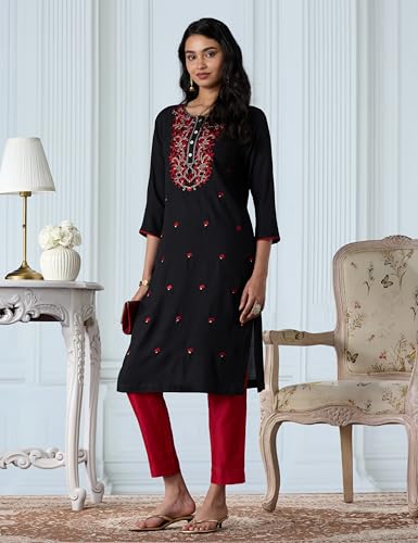 Image of Amazon Brand - Myx Women Embroidered Straight Fit Kurta (Available in Plus Sizes)