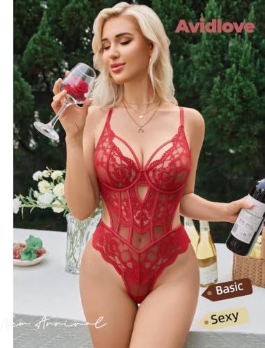Image of Avidlove Sexy Lingerie for Women Lace Bodysuit Cut Out Snap Crotch Teddy | Seductive floral lace teddy, adjustable straps, scalloped edge, side cutouts, romantic date night wear